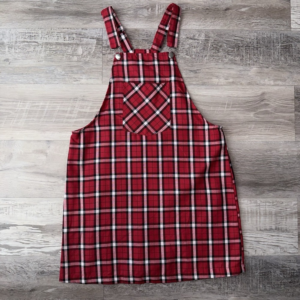 Love J Plaid Overall Dress Womens Medium Red Black White Pinafore Jumper Y2K‎